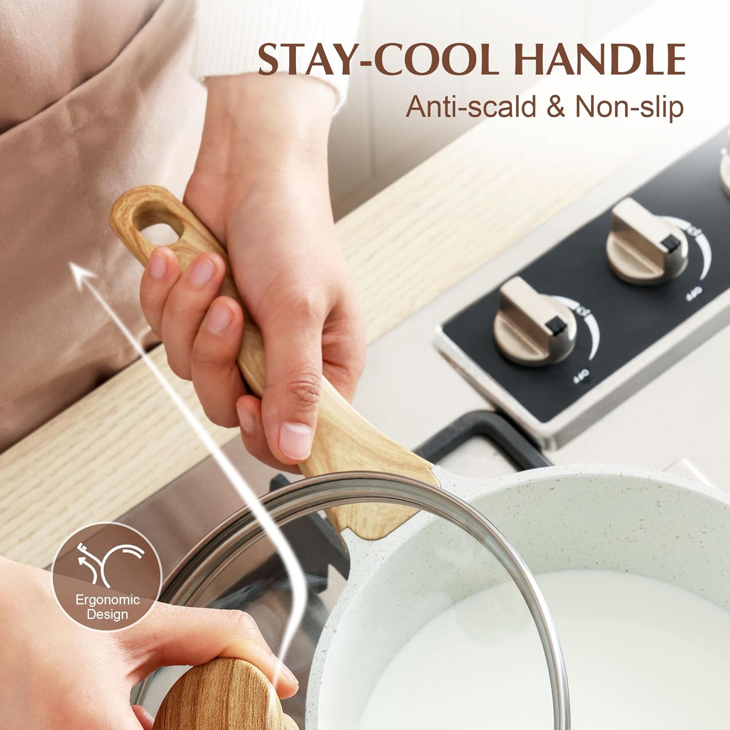 SENSARTE Nonstick White Ceramic Saucepan - 3.0 Quarts with Double Spout & Stay Cool Handle | Induction Compatible