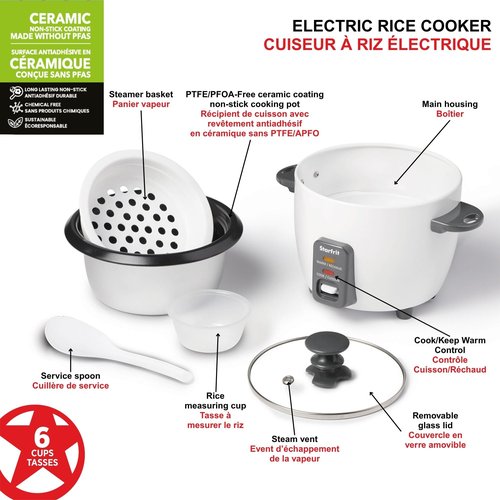 Starfrit Electric Rice Cooker - 6 Cups - Steamer Basket, Measuring Cup & Service Spoon - 300W - Makes Perfect Rice!