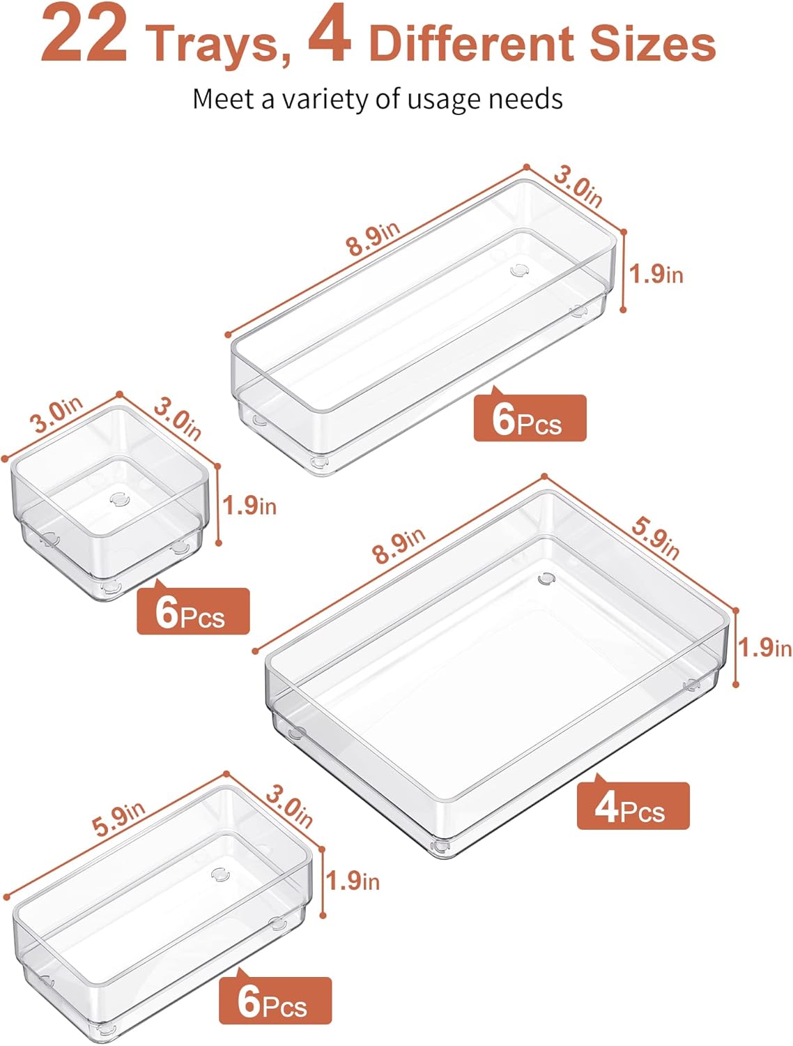 SMARTAKE 22-Piece Drawer Organizer - Non-Slip Silicone Pads | Clear Storage Trays for Makeup, Jewelry & Utensils