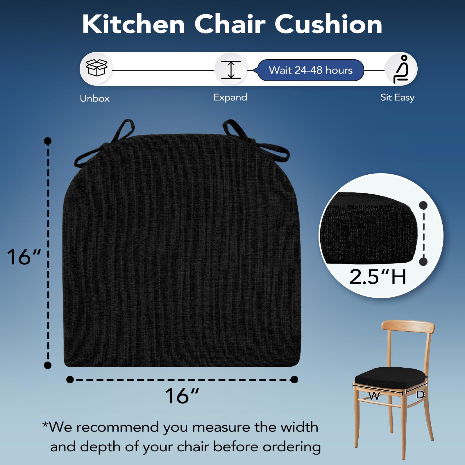 HOMELYSIAN Chair Cushions for Dining Chairs, Non Slip Chair Pads with Ties and Washable Covers, Memory Foam Kitchen Chair Cushions Set of 4, 16"X16"X2.5", Black
