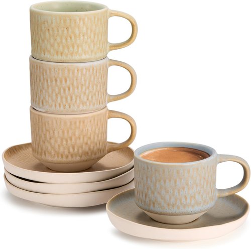 KooK Espresso Mug and Saucer Set - Rustic Ceramic Cups with Feathered Texture | Dishwasher Safe, Set of 4 (5.5 Oz)
