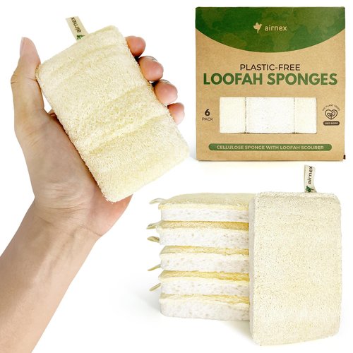AIRNEX Natural Loofah Sponges for Dishes - Pack of 6 Plastic Free Loofah Kitchen Sponges with Cellulose Core & Cotton Loop - Non Toxic Natural Sponges for Dishes & Kitchen Cleaning