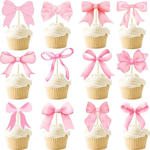 Coquette 48PCS Bow Cupcake Toppers - Pink Bow Cake Decorations for Birthdays & Showers