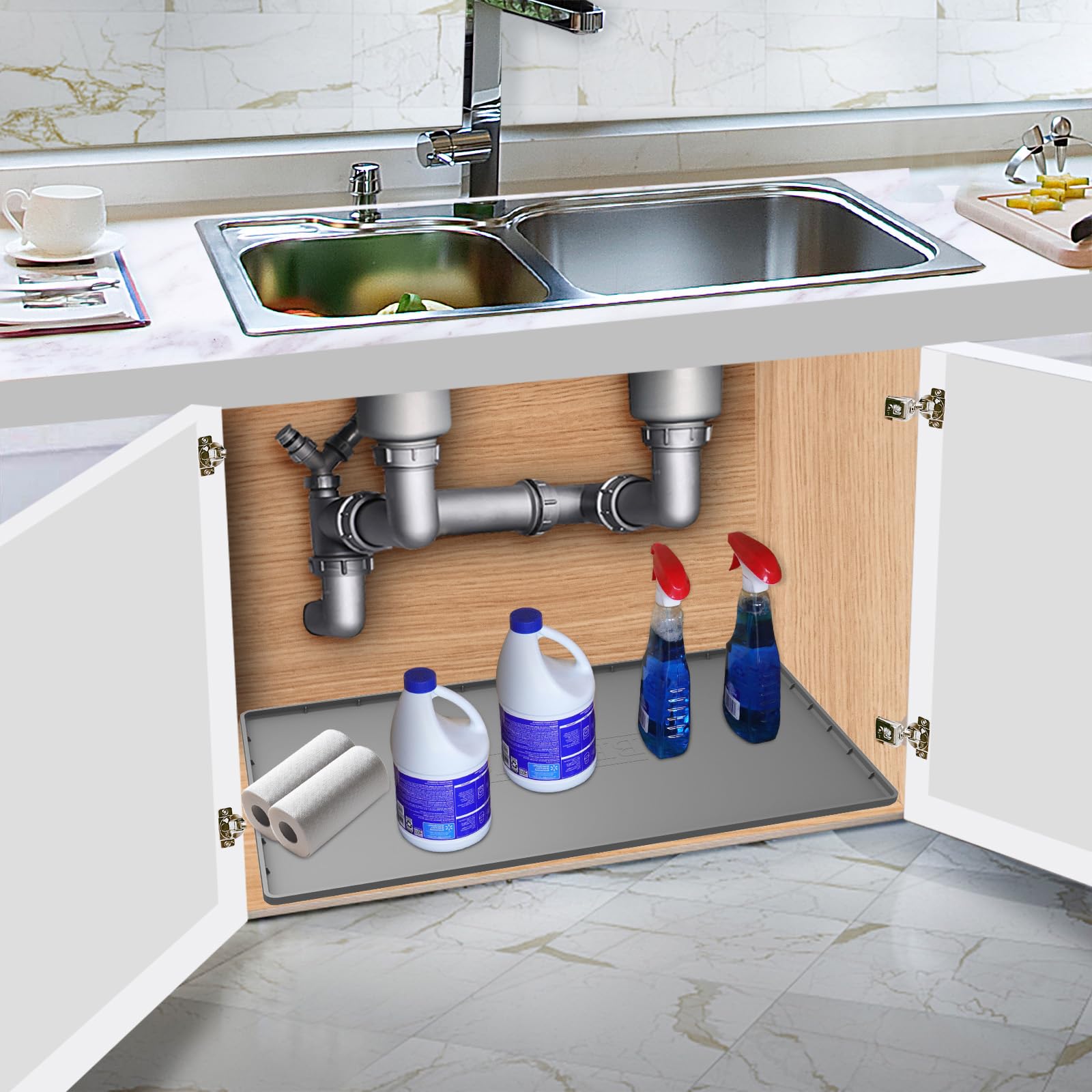Under Sink Mat for Kitchen Waterproof, 40" x 19" Silicone Under Sink Liner Kitchen & Bathroom Cabinet Protector Mats, Heavy Duty Flexible Under Sink Drip Tray with Lip, Cool Grey
