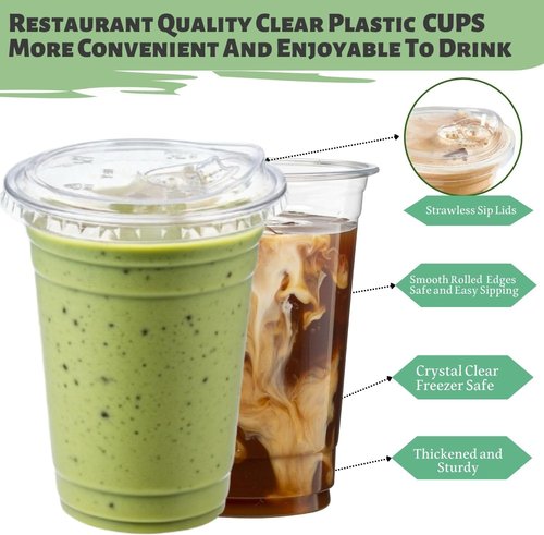 Clear Plastic Cups - 16 oz Disposable Iced Coffee Cups with Strawless Sip Lids | Perfect for Smoothies & Juices