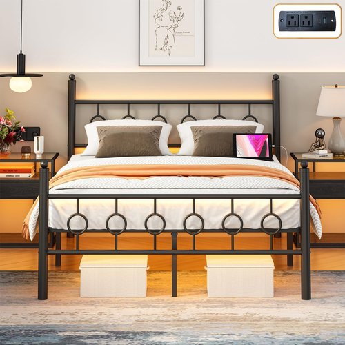 Jenmit Full Size Bed Frame with Headboard, Metal Platform Bed Frame with Charging Station & LED Lights, Storage Space Under Bed, No Box Spring Needed, Noise Free, Easy Assembly, Black