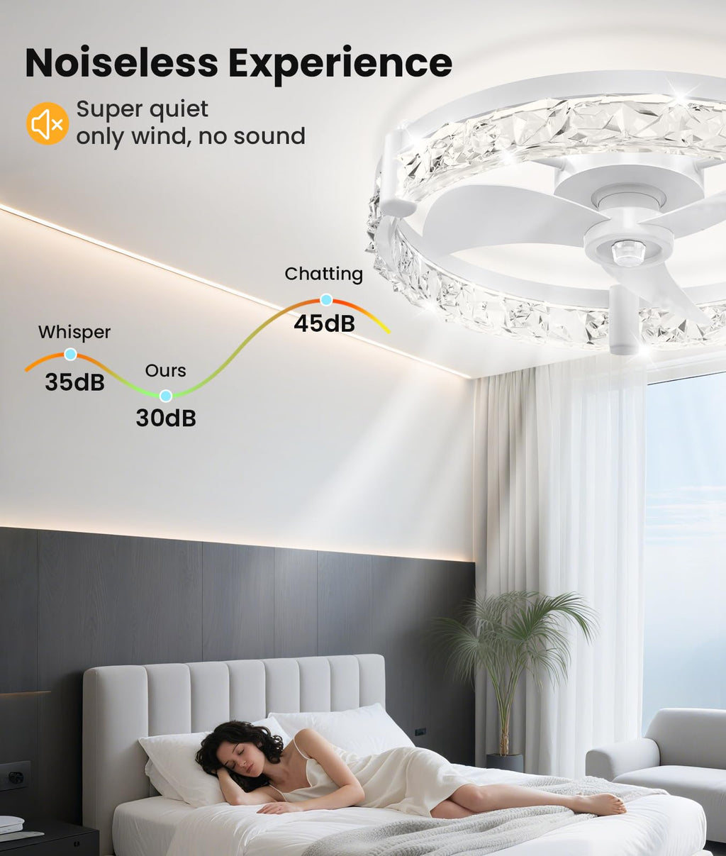 Ceiling Fans with Lights and Remote App 20'' Low Profile Ceiling Fan 3000-6500K 0-100% Dimmable Modern Flush Mount Ceiling Fan Light LED 6 Speeds Fandelier Ceiling Fans for Bedroom small living room