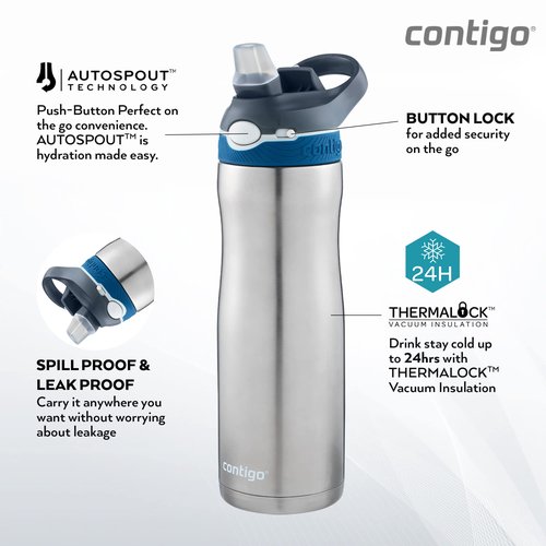 Contigo Ashland Chill Autospout Water Bottle with Flip Straw, Stainless Steel Thermal Drinking Bottle,Leakproof,Grey, BLue, 590 ml