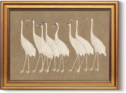 InSimSea Gold Framed Canvas Prints - Vintage Cranes Wall Art for Bathroom & Living Room | 12x16 Inch