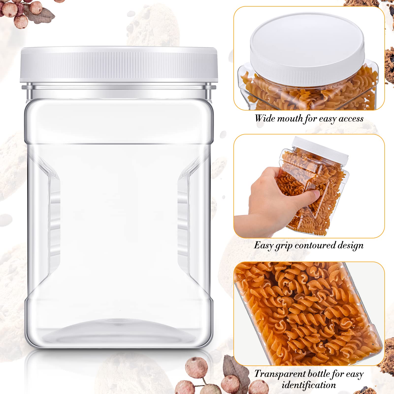 Eaasty 12 Pcs Half Gallon Square Plastic Containers with Lids 60.8 oz Clear Plastic Jars Storage Containers Grip Jars Large Mouth Square Canisters for Food Snack Kitchen