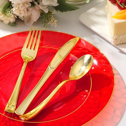 BONSINY 150 Pcs Red Plastic Dinnerware Set for 25 Guests - Red Disposable Plates for Party Birthday Easter Party