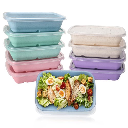 shopwithgreen Meal Prep Containers 1-Compartment, 10PCS Wheat Straw Microwave Bento Lunch Box with Lids, Reusable & Stackable Food Storage Containers, Dishwasher Freezer Safe BPA Free (32 OZ)