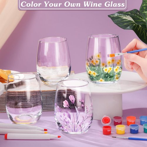 Pickmesh 6 Sets Paint Your Own Wine Glass Crafts Glass Painting Gift 12 Pcs DIY Markers 12 Colors Acrylic Paint with Brushes to Design Your Own Personalized Craft(Stemless)
