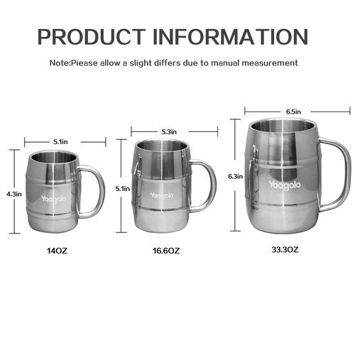 Yaagolo Insulated Beer Stein, 2 Pack 32oz Double Wall Stainless Steel Beer Stein with Handle, Insulated Stein Mug for Cold Drinks, Hot Coffee, Milk, Shatterproof Cups for Men Women