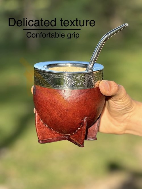 Mate Imperial Argentino Kit Mate, With Straw Tea Gourd Mug One Bombilla (Straw), Wrapped Handmade Leather, Includes Premium Packaging box (brown)