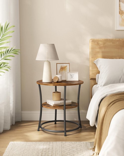 VASAGLE 21.7-Inch Round Side Table, 2-Tier End Table, Nightstand with Steel Frame, Spacious Top, for Small Spaces, Living Room, Bedroom, Rustic Brown and Ink Black ULET56BX
