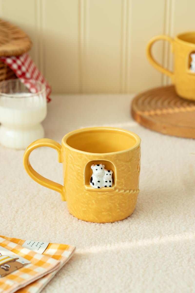 Dihoclub Yellow Parent-Child Cow Ceramic Coffee Mug — 14 oz Handcrafted Tea Cup with Window Sill Sculpture