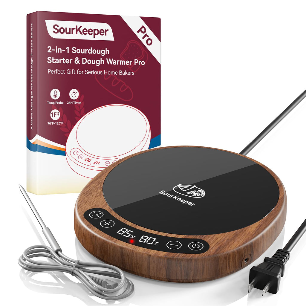 Pakusane SourKeeper, Larger 2-in-1 Sourdough Starter Warmer Pro - 2026 Upgrade Larger Heating Plate, Dough Temp Probe, 1°F Control (70–110°F), 24H Timer, Real-Time Monitoring Walnut,6.5inch