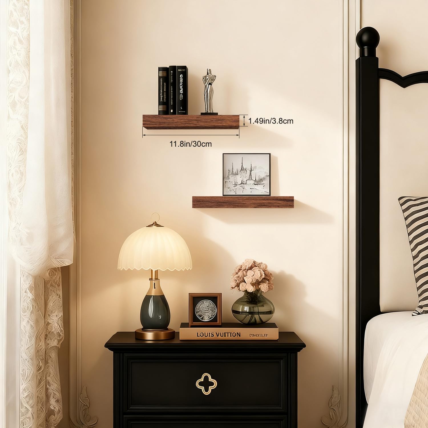 Modern Wooden Floating Shelves by [Brand Name] - Stylish Wall-Mounted Storage | Set of 2, 12x7x1.5 in (Walnut-Like)