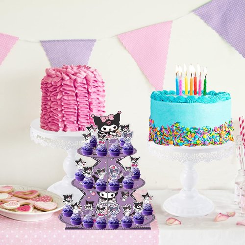 Kawaii Cartoon Birthday Decorations, Purple Cupcake Stand Party Supplies - 3 Tier Paper Cupcake Holder - Dessert Display Stand for Adult Birthday Party Decoration