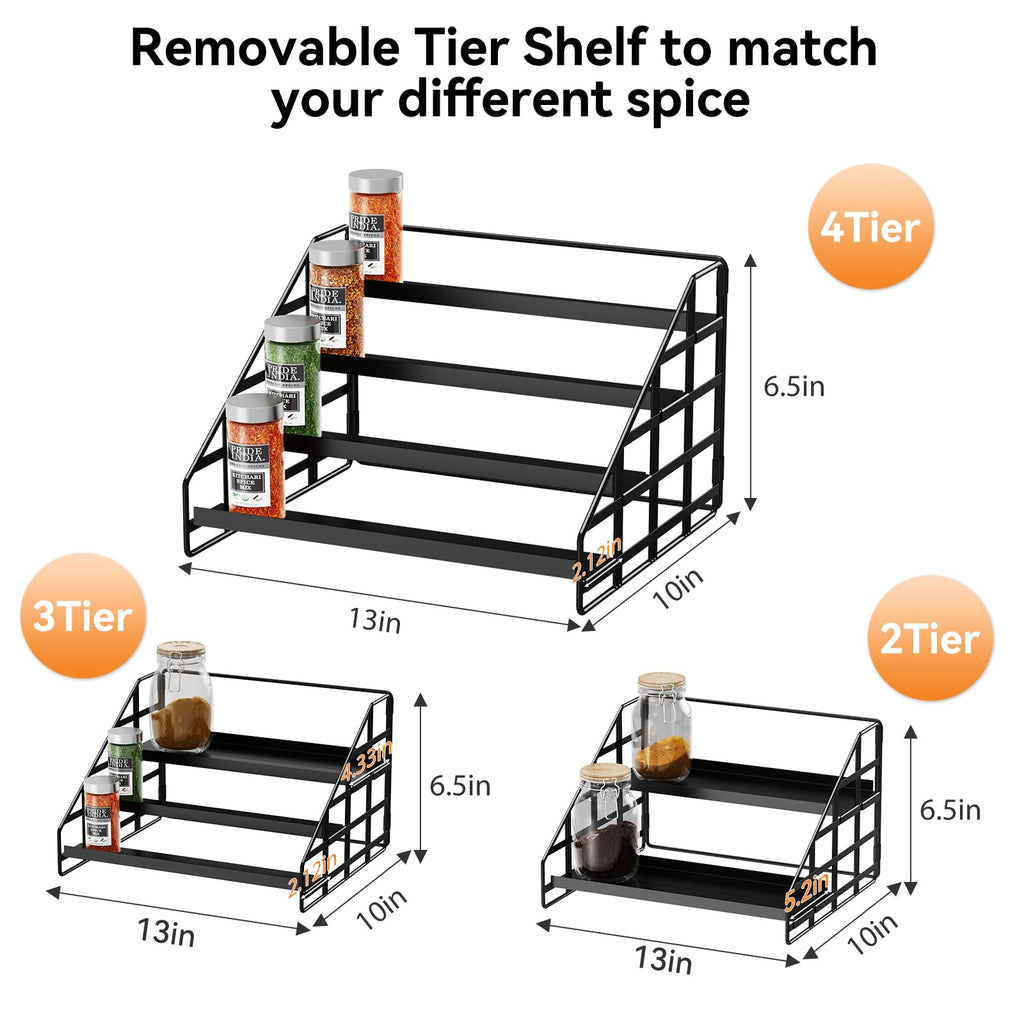 Bunoxea Spice Rack 4 Tier Kitchen Cabinet Organizer,Countertop Spice Rack,Tier Depth Adjustable Cabinet Shelf,Step Spice Organization Easy Visibility,Holds Seasoning and Condiments