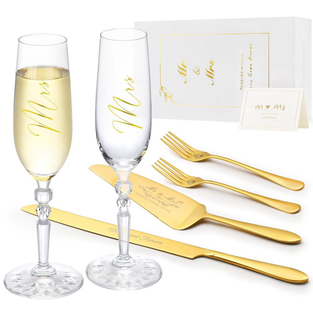 BEKESIN Wedding Cake Cutting Set with Forks, Classical Style Crystal Champagne Flutes Toasting Glasses for Bride and Groom, Wedding Gifts for Couples, Engagement and Bridal Shower Gifts