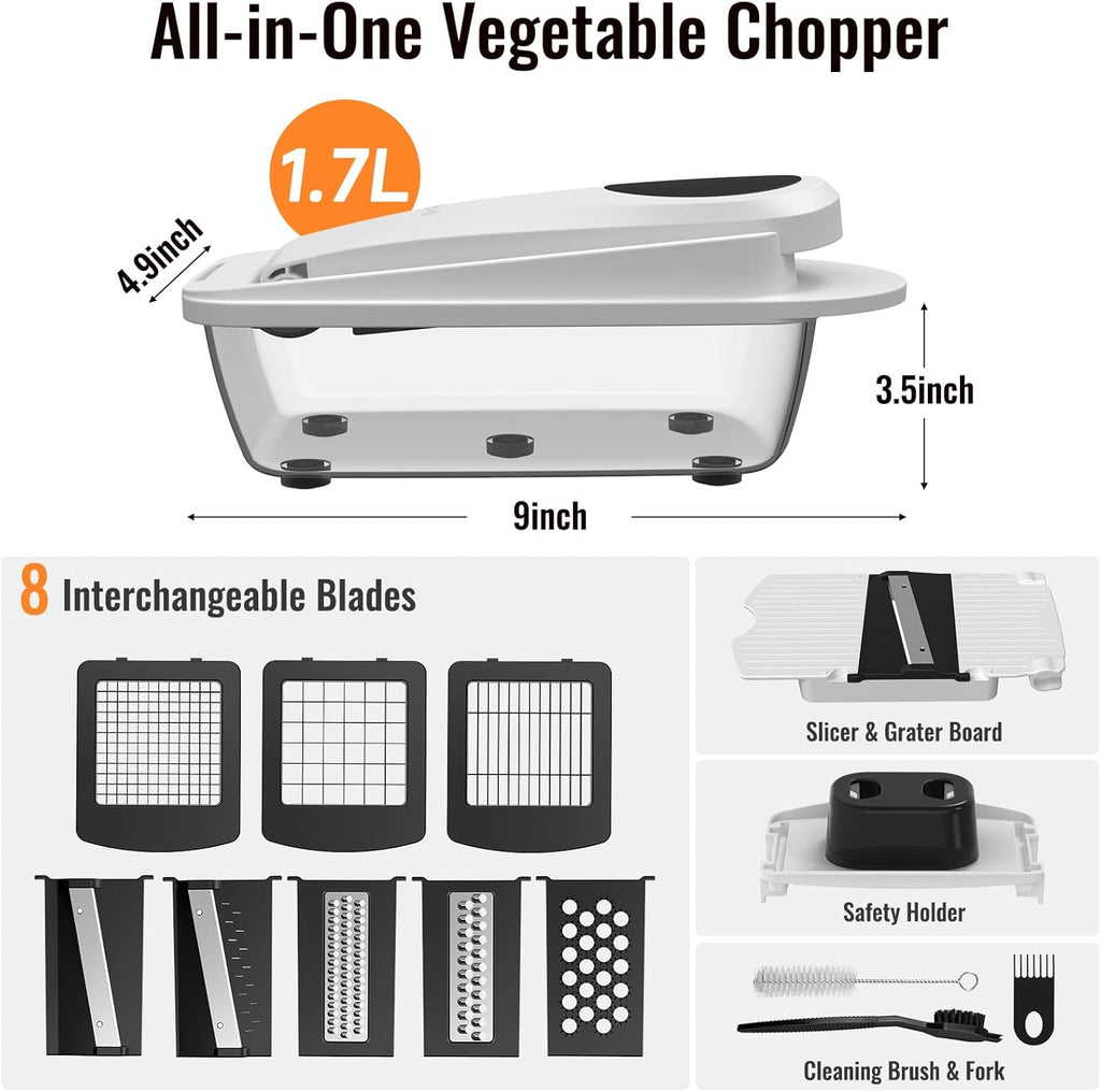 Skiennix 8-Blade Vegetable Chopper - All-in-One Mandoline Slicer with Container for Effortless Food Prep | White