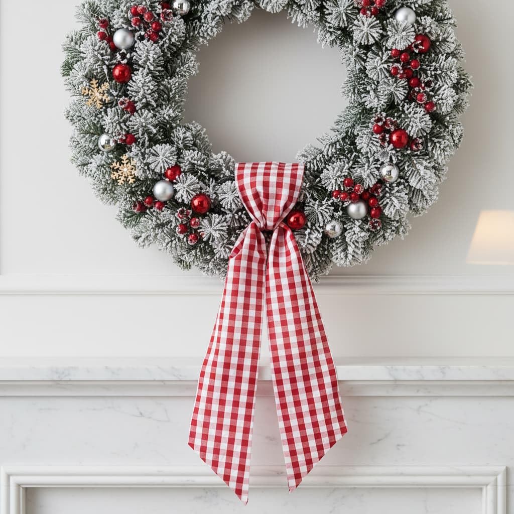 NUVCELKA Red White Plaid Wreath Sash Front Door Decoration, Blank Sash Christmas Valentine Wedding Holiday Party Bow Ribbon Accessories Indoor Outdoor Farmhouse Home Decor