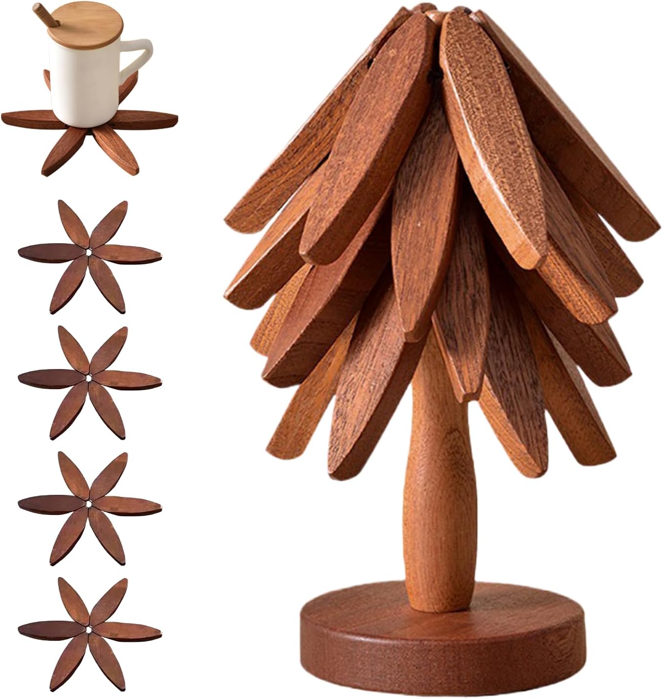 Walnut Wood Trivet Set by [Brand Name] - Tree Shape Design | 4 Trivets + Stand for Hot Dishes