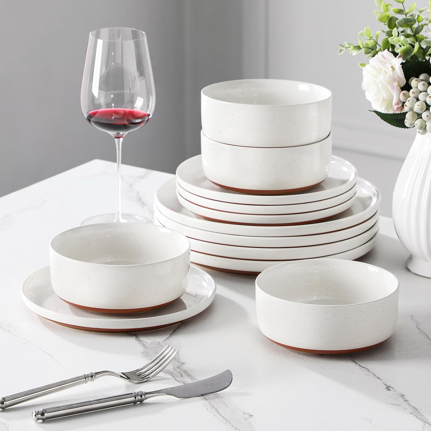 MALACASA 12-Piece Stoneware Dinnerware Set - Modern Ceramic Plates & Bowls for 4 | Microwave & Dishwasher Safe, White, TARA Series