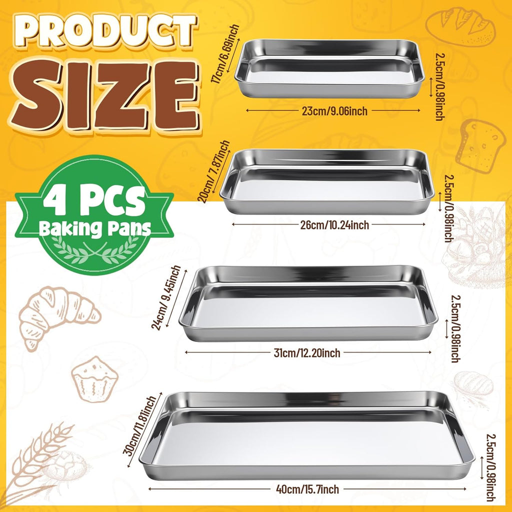 Skiennix Stainless Steel Baking Pans Set - 4 Pack Commercial Grade Cookie Sheets | Non-Stick, Heavy Duty, 9/10/12/16 Inch