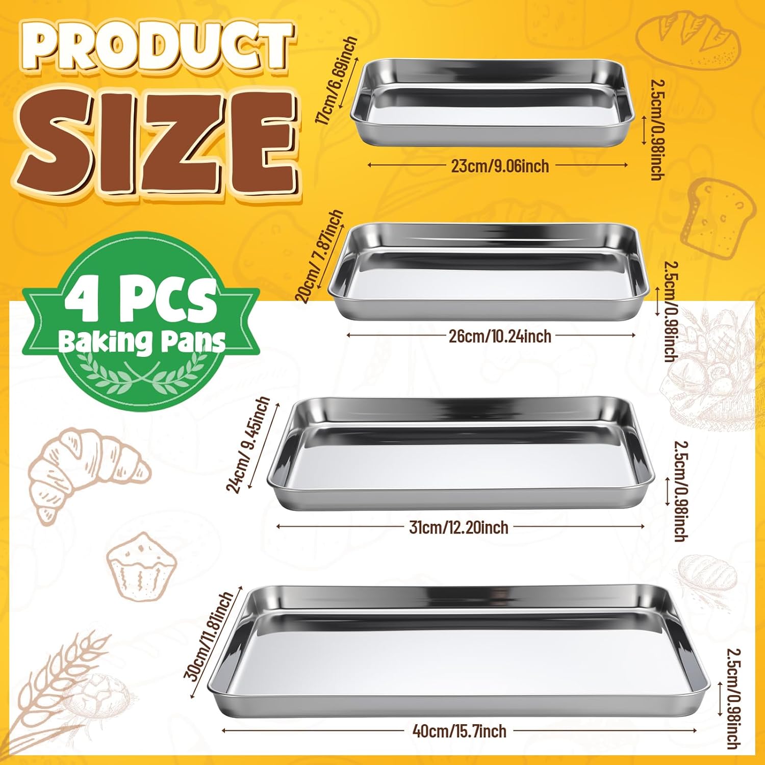 Skiennix Stainless Steel Baking Pans Set - 4 Pack Commercial Grade Cookie Sheets | Non-Stick, Heavy Duty, 9/10/12/16 Inch