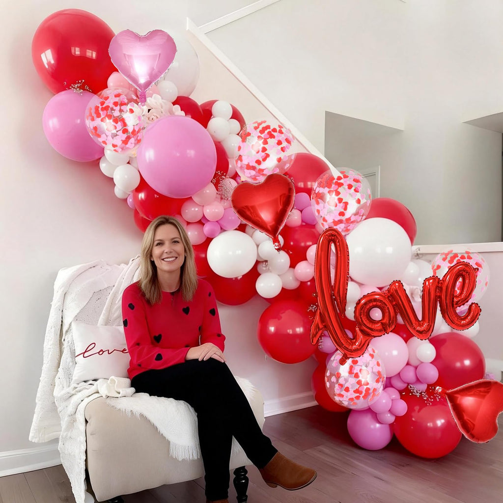 Froova Pink Red White Balloons Arch Kit Mothers Day Balloon Garland Love Foil Balloons Red Pink Heart Shaped Balloon for Women Happy Mothers Day Best Mon Anniversary Sweet Valentine Day Romantic Decor