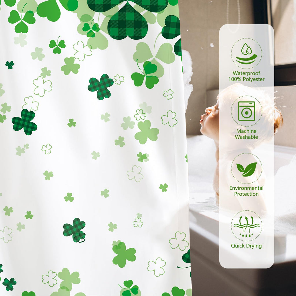 MEHOFOND St. Patrick's Day Clover Shower Curtain,Green Shamrock Clover St Patricks Day Shower Curtain,Shamrock Bathroom Decor Curtains,Irish St Patrick's Day Fabric Curtain 72x72 in