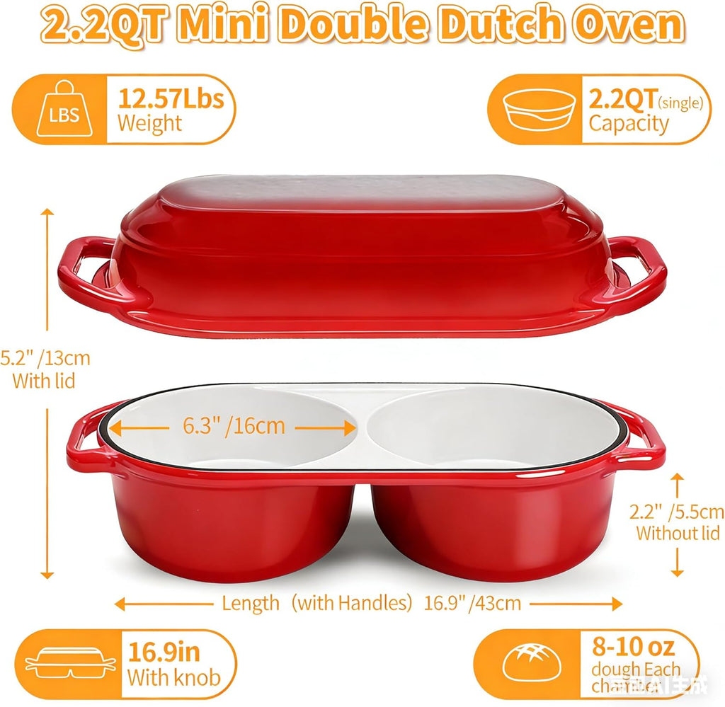 Mini Double Dutch Oven - Enameled Cast Iron 2.2QT Pot for Sourdough Bread Baking | Non-Stick & Oven Safe to 500°F