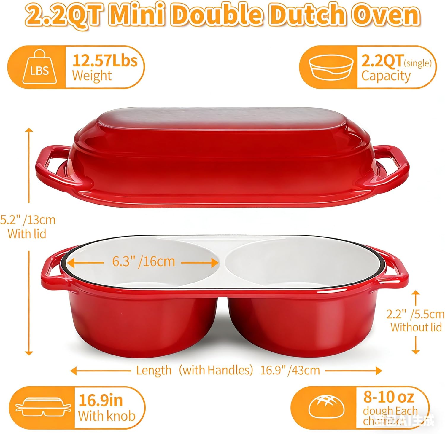Mini Double Dutch Oven - Enameled Cast Iron 2.2QT Pot for Sourdough Bread Baking | Non-Stick & Oven Safe to 500°F