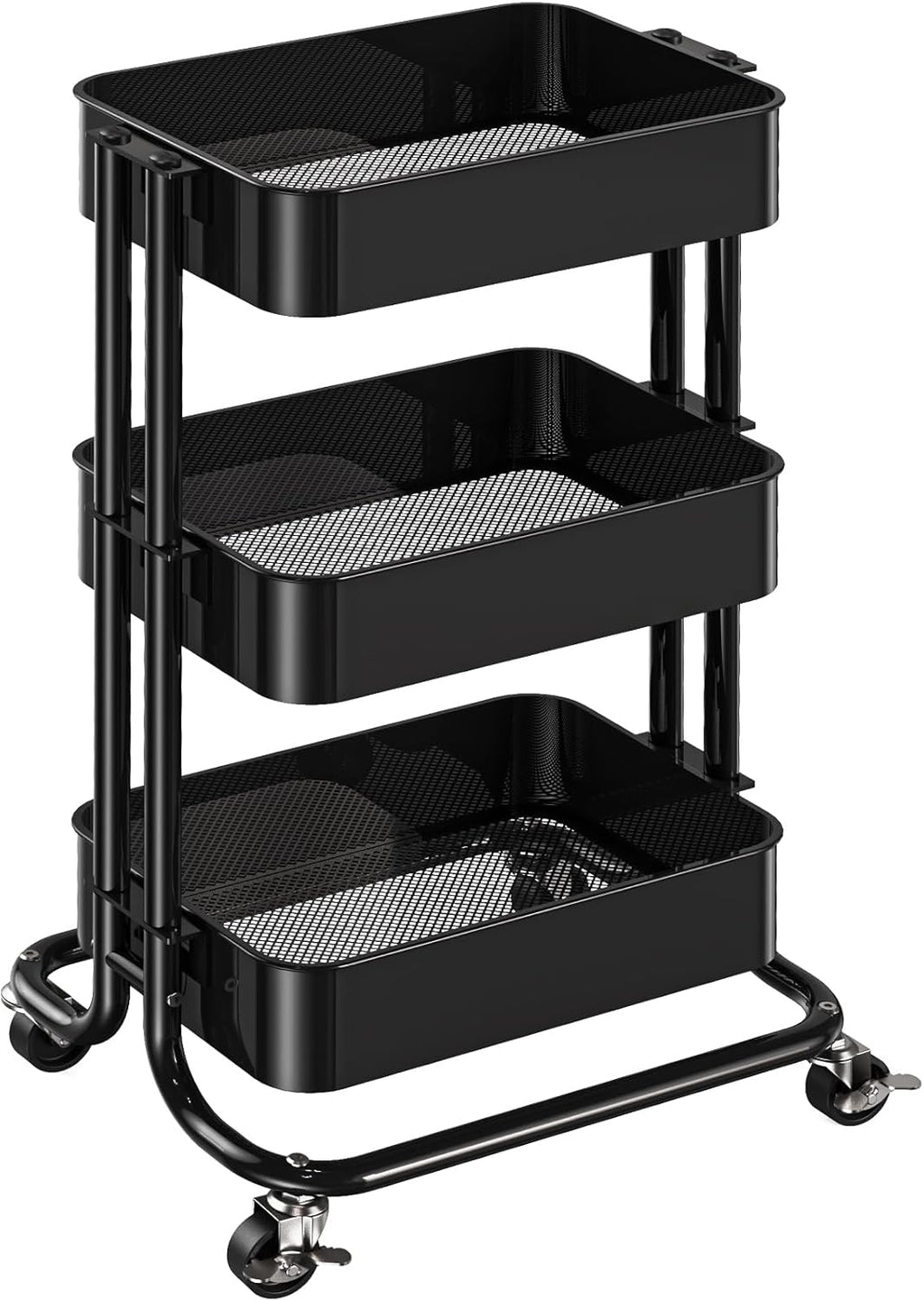 Pipishell 3-Tier Metal Rolling Utility Cart - Heavy-Duty Storage with Lockable Wheels | Black Mesh Design