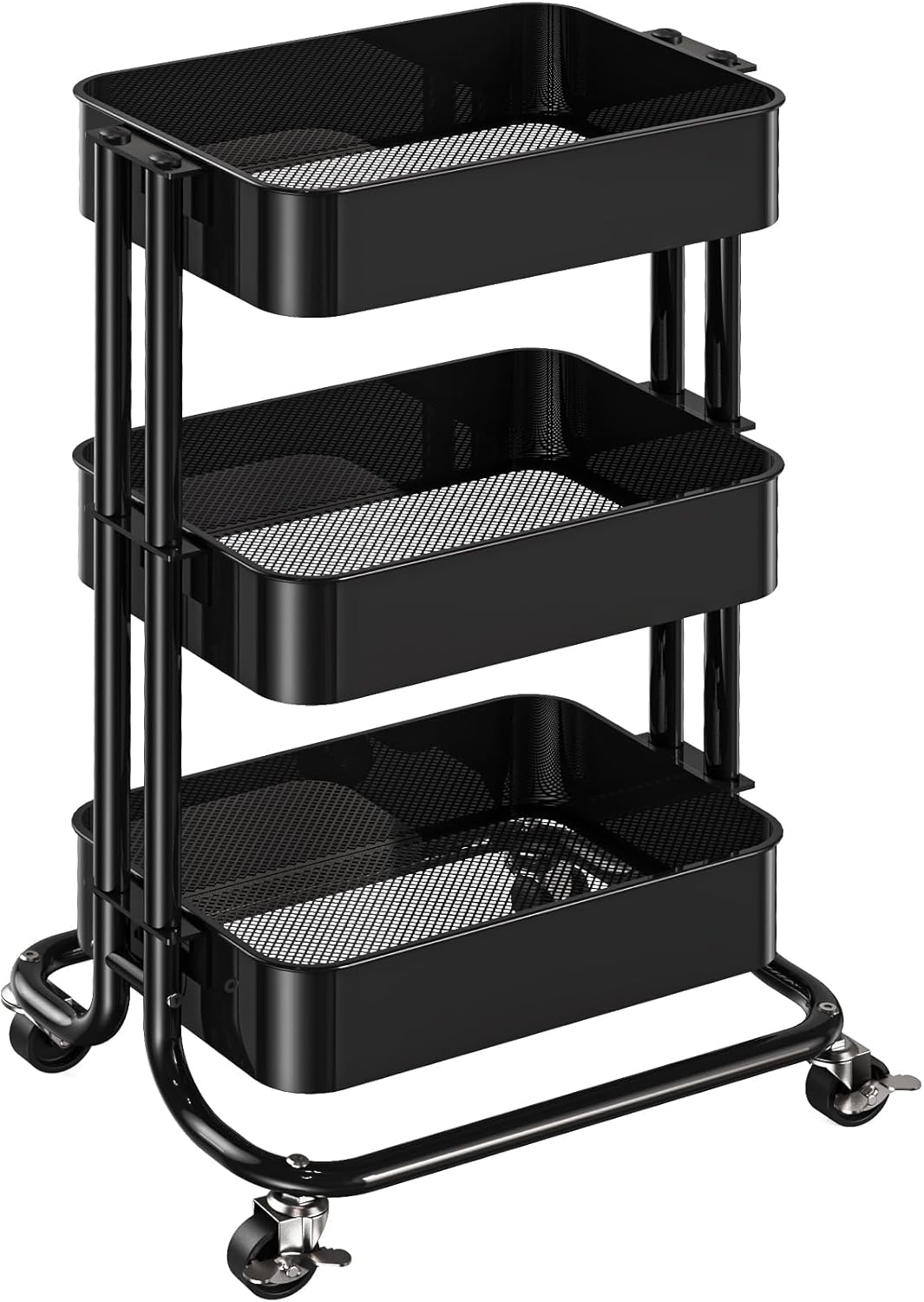 Pipishell 3-Tier Metal Rolling Utility Cart - Heavy-Duty Storage with Lockable Wheels | Black Mesh Design