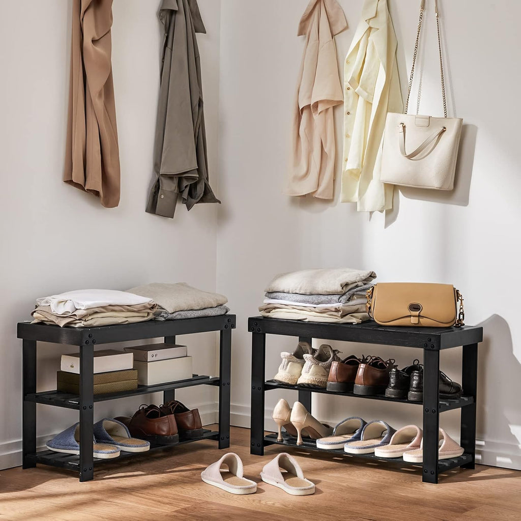 Pipishell Bamboo Shoe Rack - 3-Tier Sturdy Organizer Holds Up to 300lbs | Black Entryway Bench