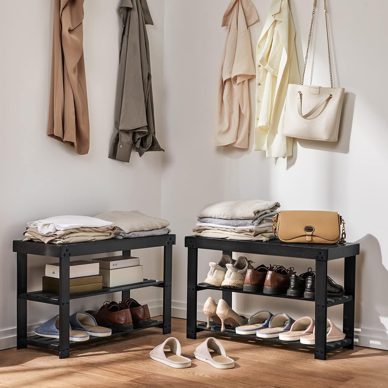 Pipishell Bamboo Shoe Rack - 3-Tier Sturdy Organizer Holds Up to 300lbs | Black Entryway Bench