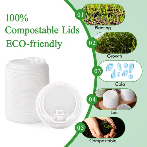 ECOLipak 100% Compostable Coffee Cup Lids 200 Count，3.54 inch Disposable CPLA Cup Lid Suitable for 10 oz, 12 oz, 16 oz, and 20 oz Paper Cups, White