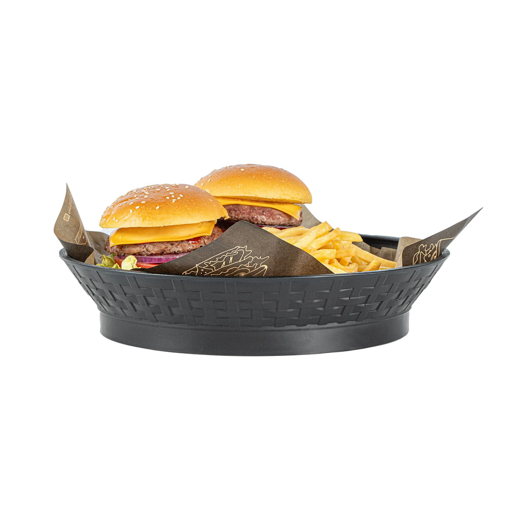 Restaurantware Round Serving Baskets 10 Pack of 12.01 x 2.36 Inch with Base Drainage Slots Microwavable Dishwashable Stackable Plastic Black Food Serving Trays for Restaurants and Catering