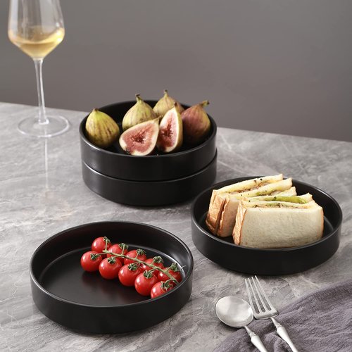 Stone Lain Coupe Dinnerware Set,16 Piece, Service For 4, Black Matte & Celina Stoneware 4-Piece Round Pasta Bowl Set, Black,4 QUARTS