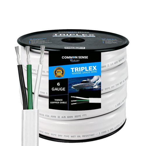 6/3 AWG UL 1426 (The Real Thing) Triplex Flat Marine Wire - Tinned Copper Boat Cable - 13 Feet - White PVC Jacket