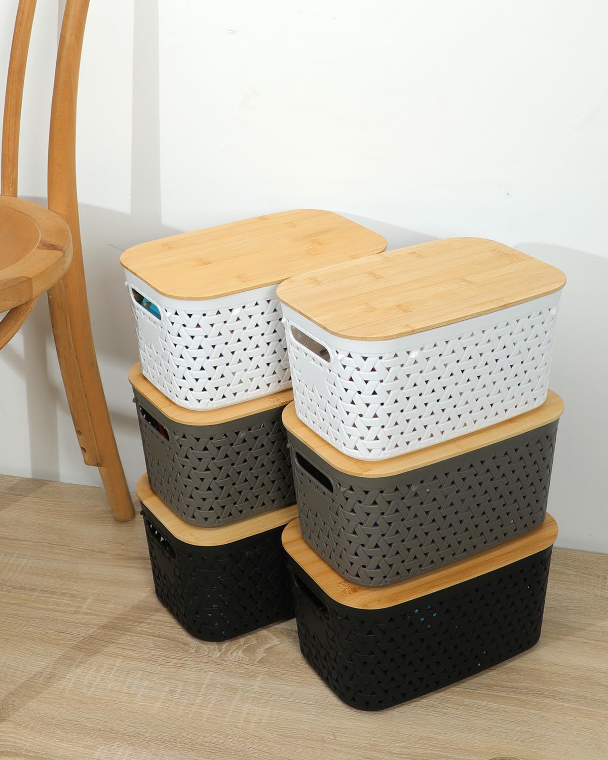 NEATJELAI Plastic Storage Bins with Bamboo Lids 6 Packs,Storage Baskets Pantry Decorative Containers for Organizing Desktop Closet Playroom Classroom Office,Gray,11.6*7.2*5.7'’