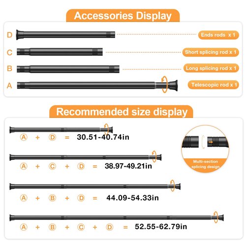 2 Pack Spring Tension Curtain Rod 30-62Inch Black Tension Rod for Windows Shower Curtain Rods No Drilling Expandable Adjustable Curtain Rods for Windows,Doorway,Bathroom,Closet,7/8" Diameter