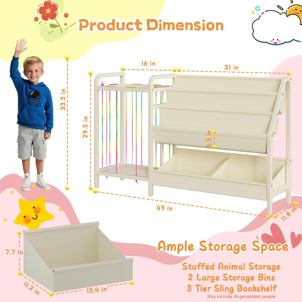 CYXPHION B5 Kids Bookshelf and Toy Storage, Book Shelf for Kids Rooms, Sling Toddler Book Shelves with Stuffed Animal Storage, Montessori Baby Bookcase for Nursery, Bedroom, Playroom, White