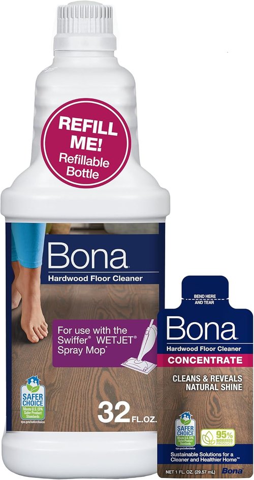 Bona Hardwood Floor Cleaner - 64 Fl Oz Bottle with Refill for Swiffer WETJET | Effective Wood Floor Care