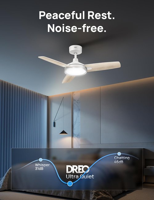 DREO Smart Ceiling Fan - 42 Inch White Design with Dimmable LED Light & 12 Speeds | Quiet DC Motor & Remote Control