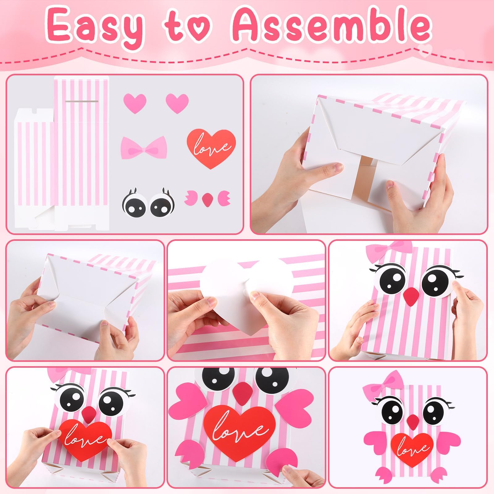 ojustbeok Large Valentine's Day Card Box for Kids with 50 Valentine Cards DIY Heart Owl Valentines Day Mailbox Cards Set for Girls Boys School Classroom Exchange Valentines Party Favors Supplies